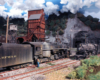 A trainman stands alongside a steam locomotive on a siding and watches another train approach on the main