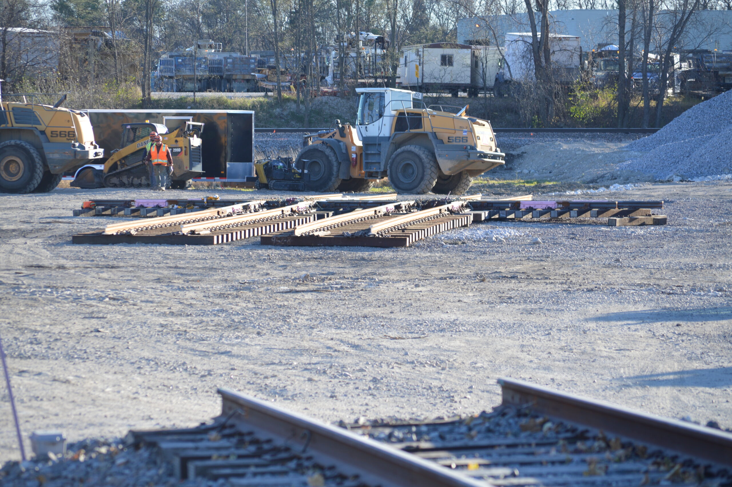 The two tracks of the Canadian Pacific main are assembled to the single track of the Canadian National main to form a diamond crossing panel laying in the staging yard.
