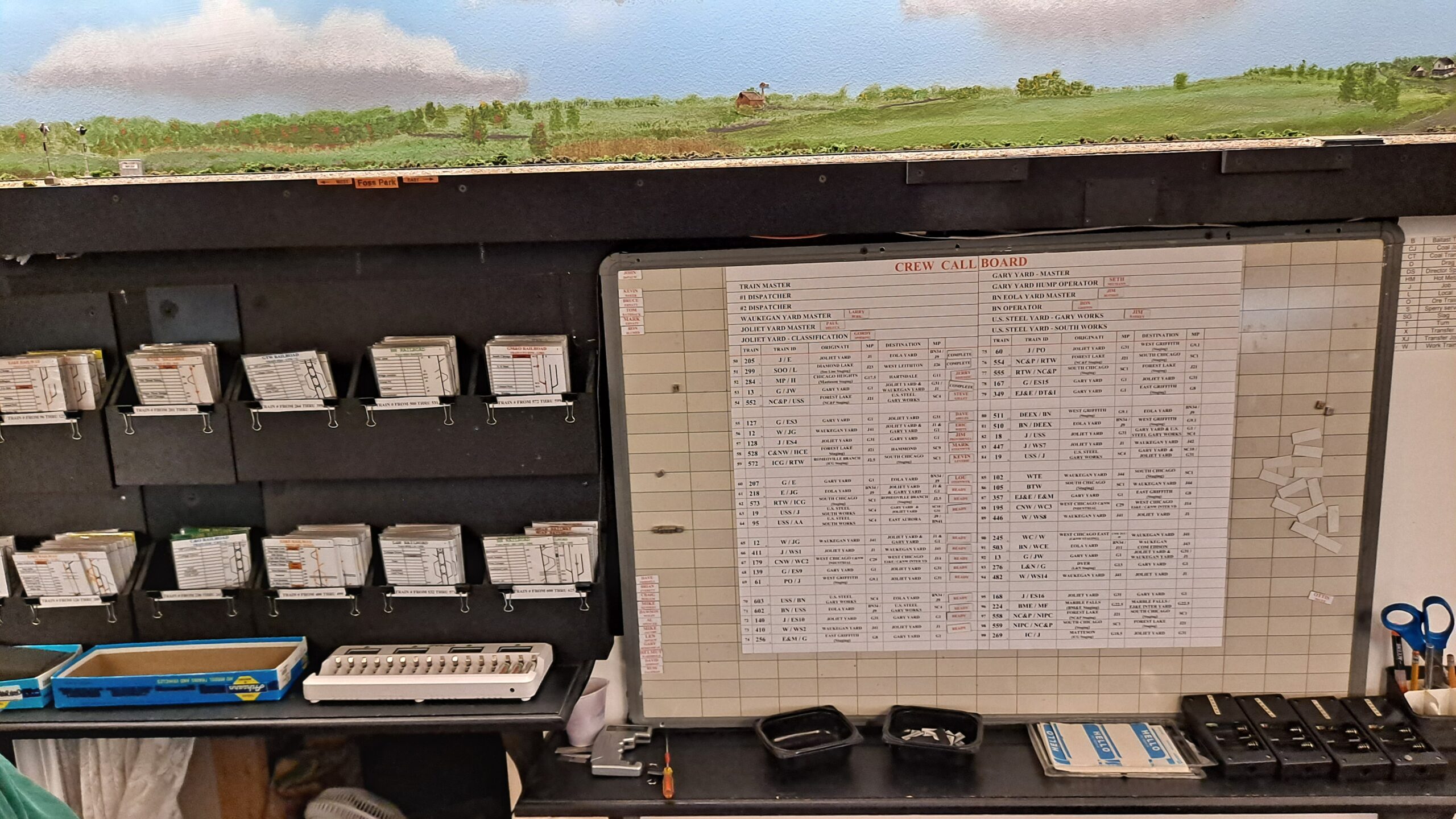 Magnetic whiteboard with train grid on right, pouches with train descriptions on left.