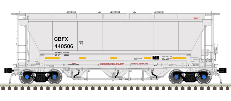 Illustration of N scale Trinity 3230 Pressure Differential covered hopper painted gray with black and red graphics, blue roller-bearing caps, and horizontal yellow conspicuity stripes.