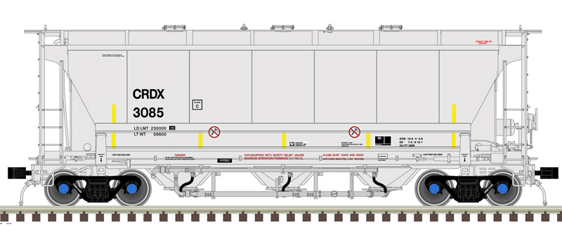 Illustration of N scale Trinity 3230 Pressure Differential covered hopper painted gray with black, blue, and red graphics; yellow vertical conspicuity stripes; and do not hammer icons.