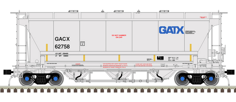 Illustration of N scale Trinity 3230 Pressure Differential covered hopper painted gray with black, blue, and red graphics and yellow vertical conspicuity stripes.