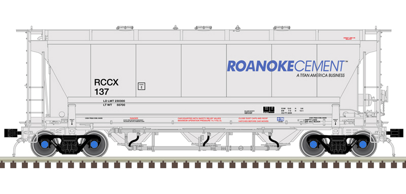 Illustration of N scale Trinity 3230 Pressure Differential covered hopper painted gray with blue, black, and red graphics.