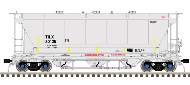 Illustration of N scale Trinity 3230 Pressure Differential covered hopper painted gray with black and red graphics, yellow conspicuity stripes, and blue roller bearing caps.