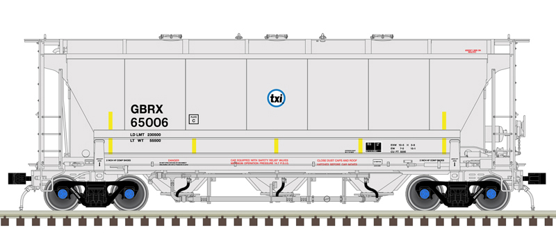 Illustration of N scale Trinity 3230 Pressure Differential covered hopper painted gray with black and red graphics; blue, white, and black logo; and yellow conspicuity stripes.