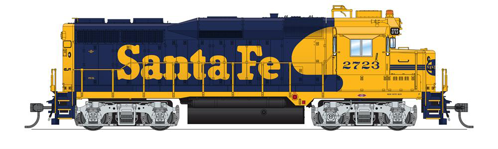 Illustration showing engineer’s side of Electro-Motive Division GP30 painted blue and yellow.