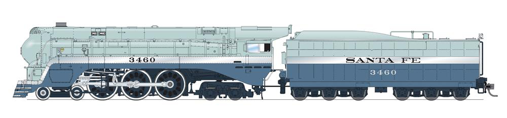 Illustration of HO scale streamlined 4-6-4 steam locomotive painted two-tone blue and silver.
