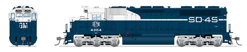 Nose and side view of HO scale Electro-Motive Division SD45 in blue-and-white demonstrator scheme.