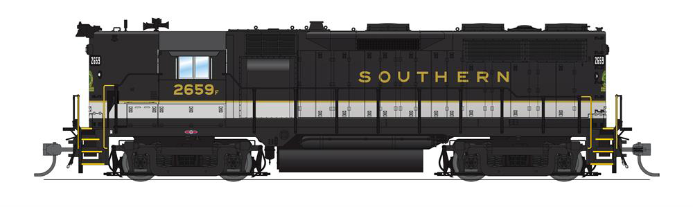 Illustration showing side of Electro-Motive Division GP35 diesel locomotive with high short hood painted black and white with gold stripes and lettering.