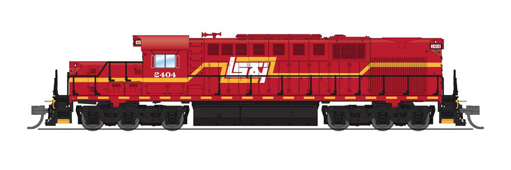Illustration of N scale Alco RSD-15 diesel locomotive painted red with yellow stripes and white graphics.