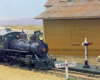 Steam powered passenger train approaching platform with signal, woman carrying luggage, and chicken.