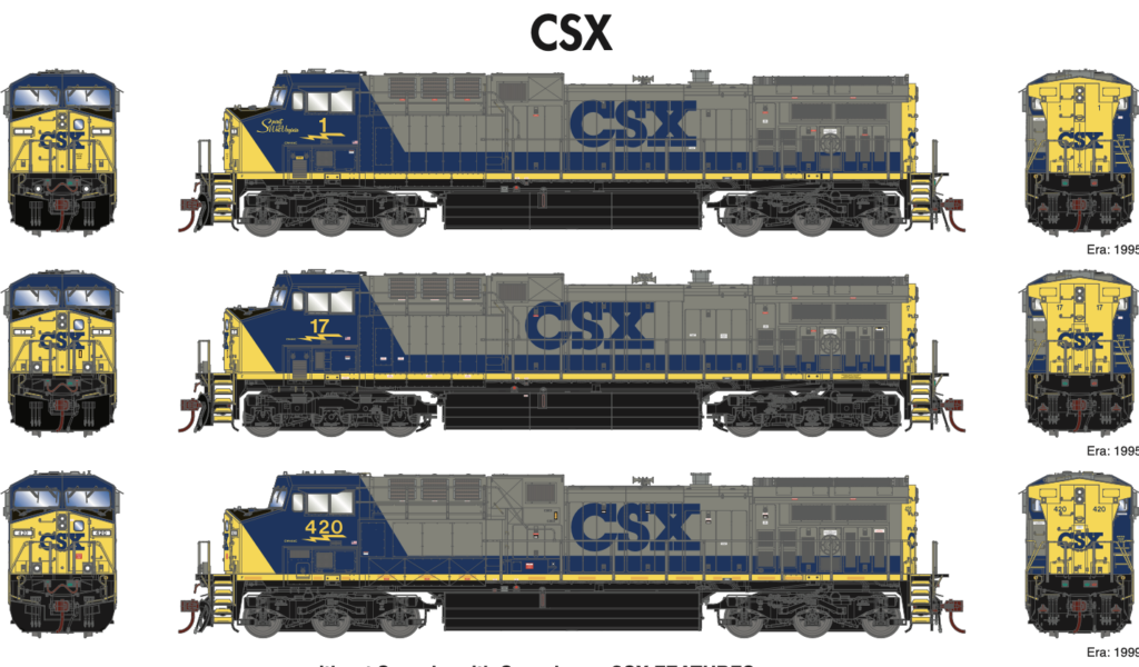 CSX no. 1, the Spirit of West Virginia, is based on one of the first six AC4400CWs built. Features on the model include a Holden K5H air horn, angled grab irons on top of the nose, and evenly sized radiator grills on the right side.