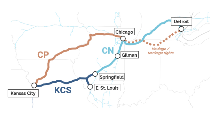 Map showing CN, CP, and KCS lines that form parallel midwest routes