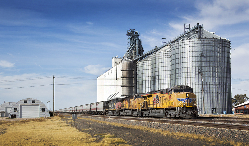 Freight train passing grain elevator