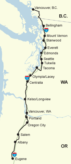 Map of proposed high speed rail route in Pacific Northwest