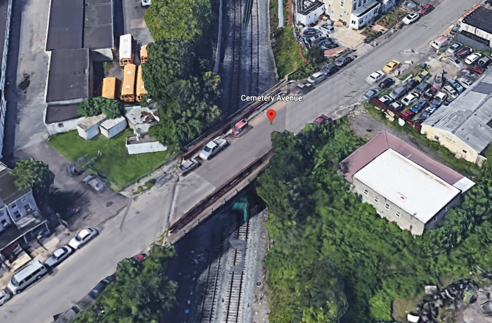 Aerial view of bridge over railroad track
