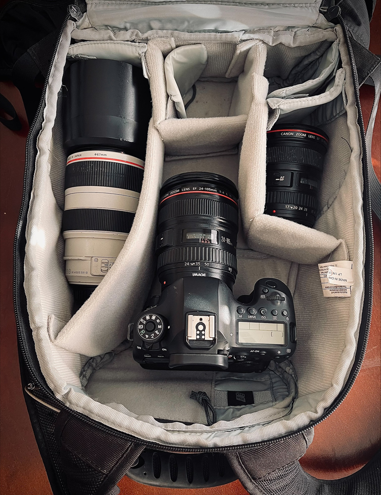 Camera gear inside a bag.