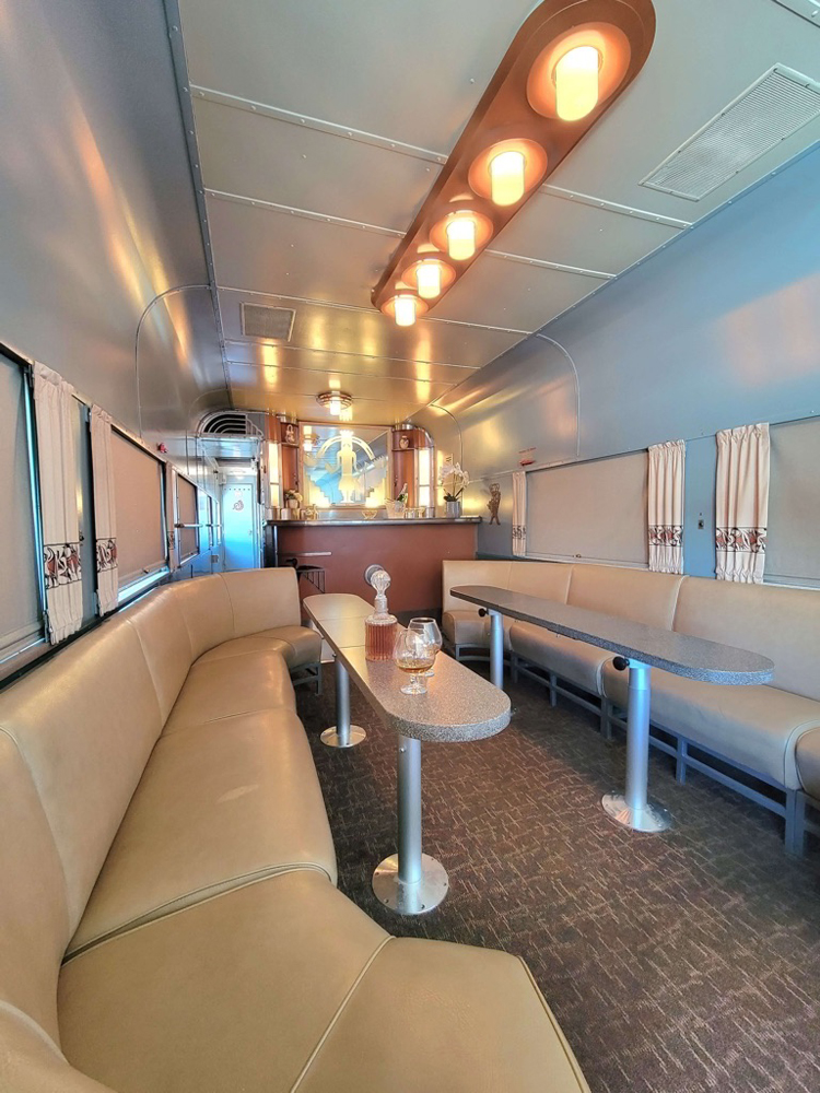 Restored interior of railroad lounge car