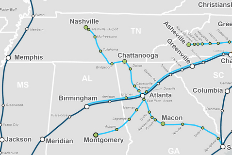 Map showing passenger routes in Tennessee and neighboring states