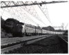 Conrail passenger trains: Streamlined locomotives lead a passenger train under catenary.
