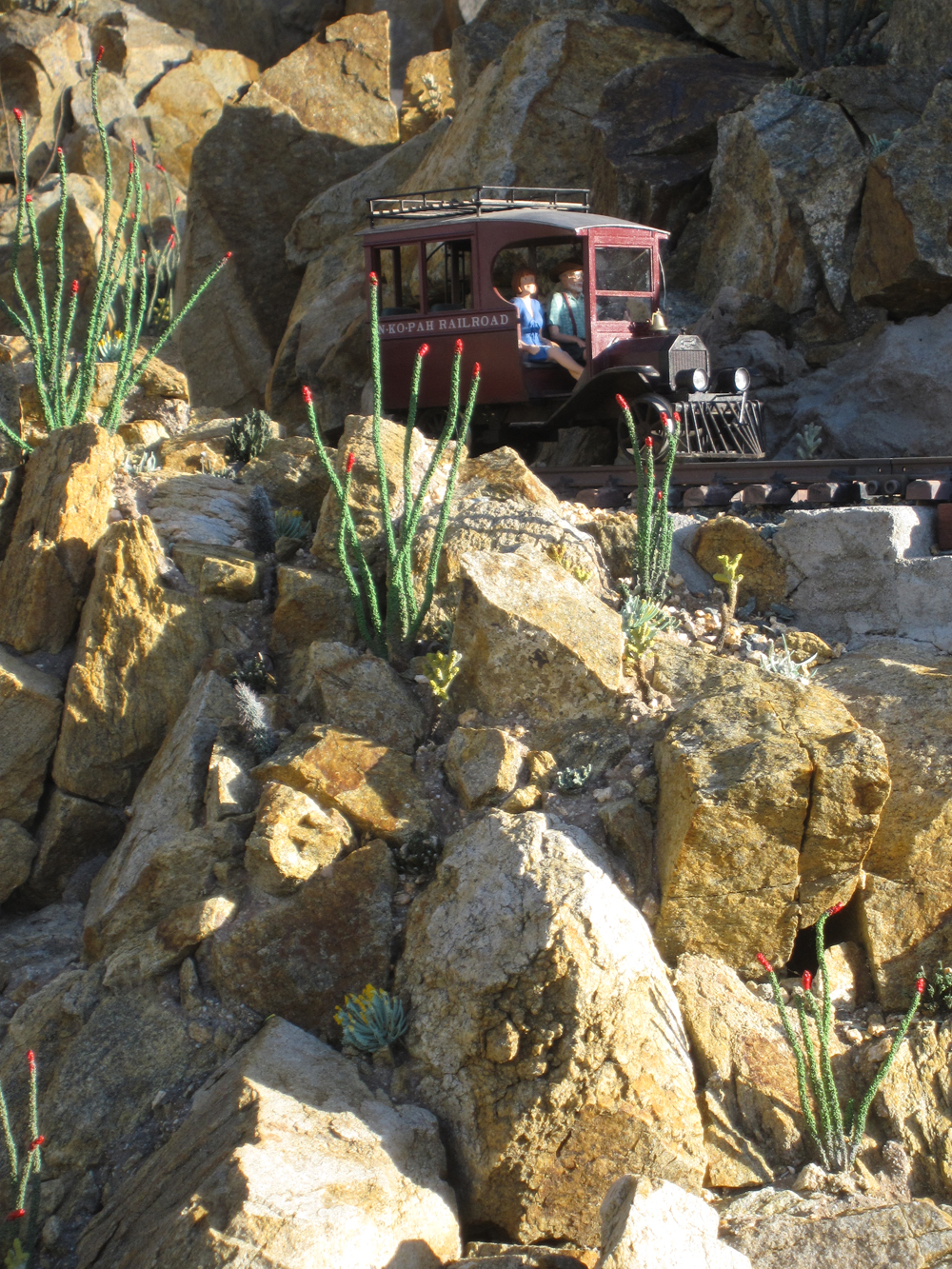 Model railbus with artificial cacti on a garden railroad