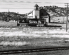 A lone diesel locomotive pauses in an arid landscaped rail yard.