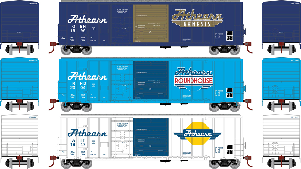 Illustration of three HO scale boxcars in light blue, dark blue, and white paint schemes with new Athearn brands.