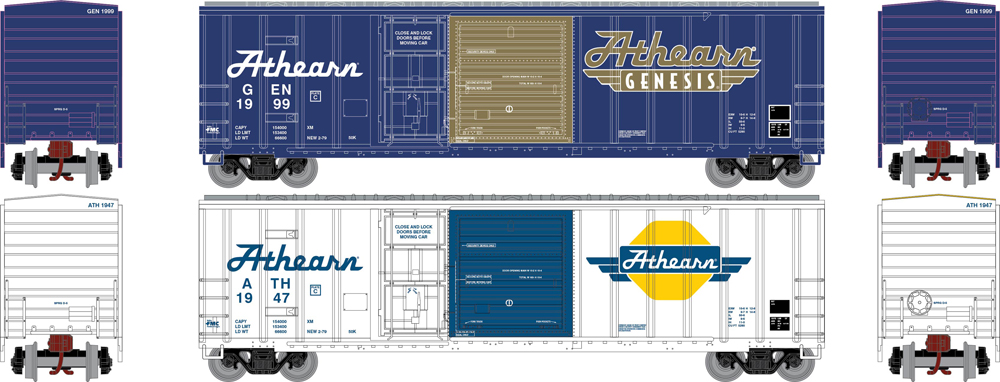 Illustration of two N scale boxcar in white and dark blue paint schemes with new Athearn brands.