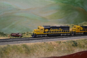 Locomotive on an N scale model train layout