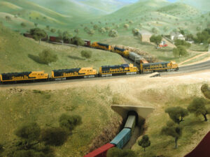 Scene on N scale model train layout