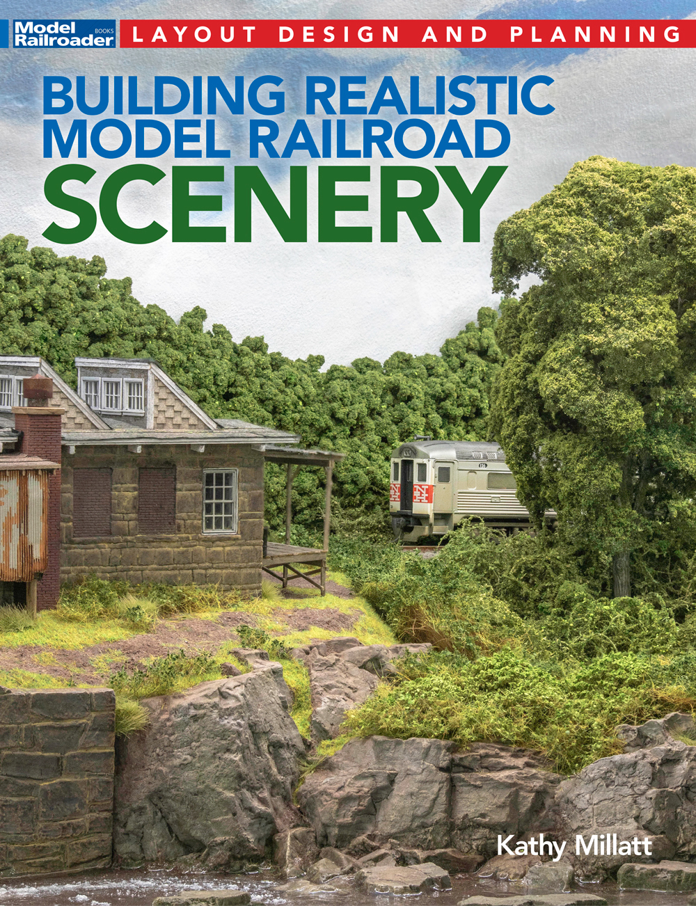 Cover image of book with self-propelled railcar passing structure with trees, grass, and rocks in foreground.