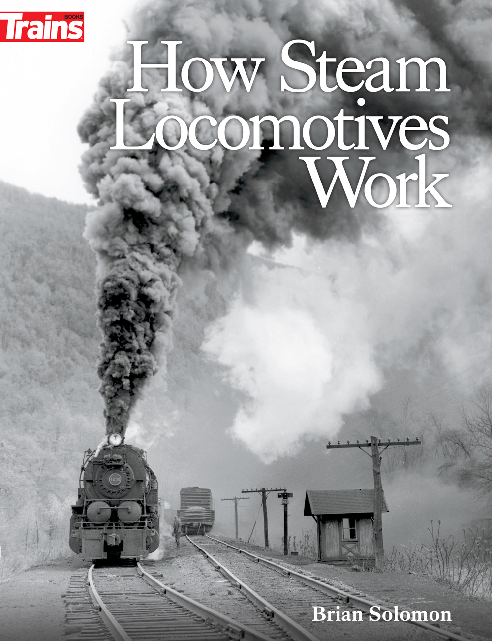 Black-and-white cover image of book with steam locomotive emitting large plume of smoke while passing train, shed, and pole line.