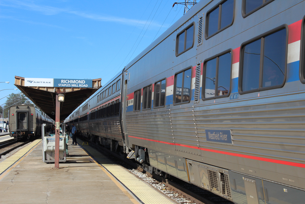 Passenger train at station platform.