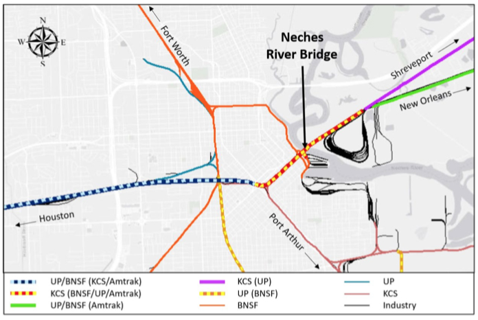 Map showing rail lines intersecting near Neches River Bridge in Texas