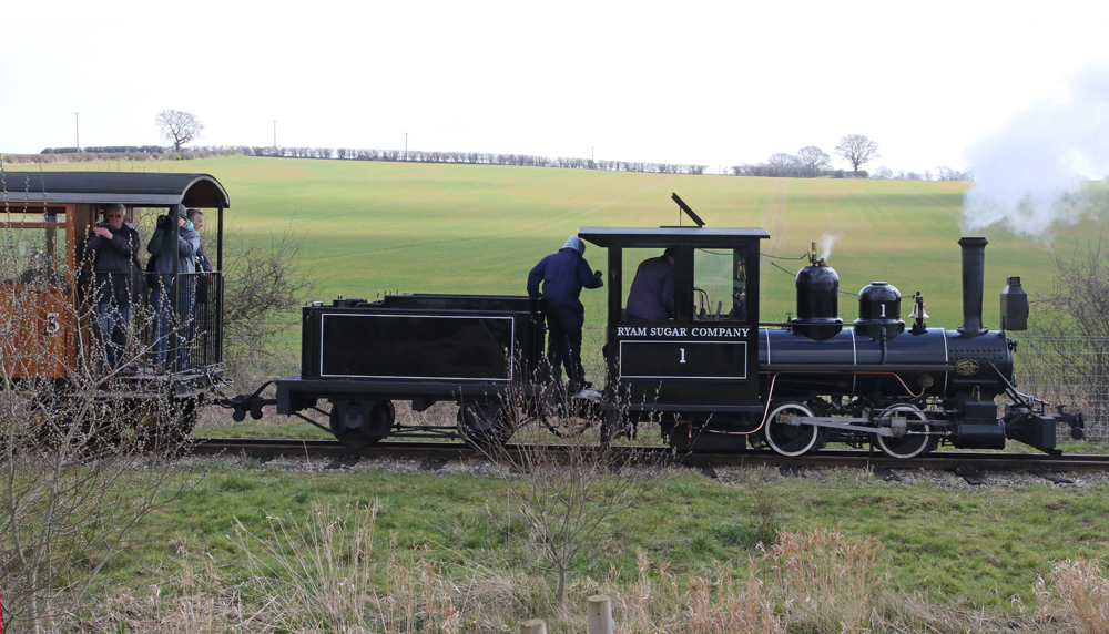 Small steam locomotive operating through field