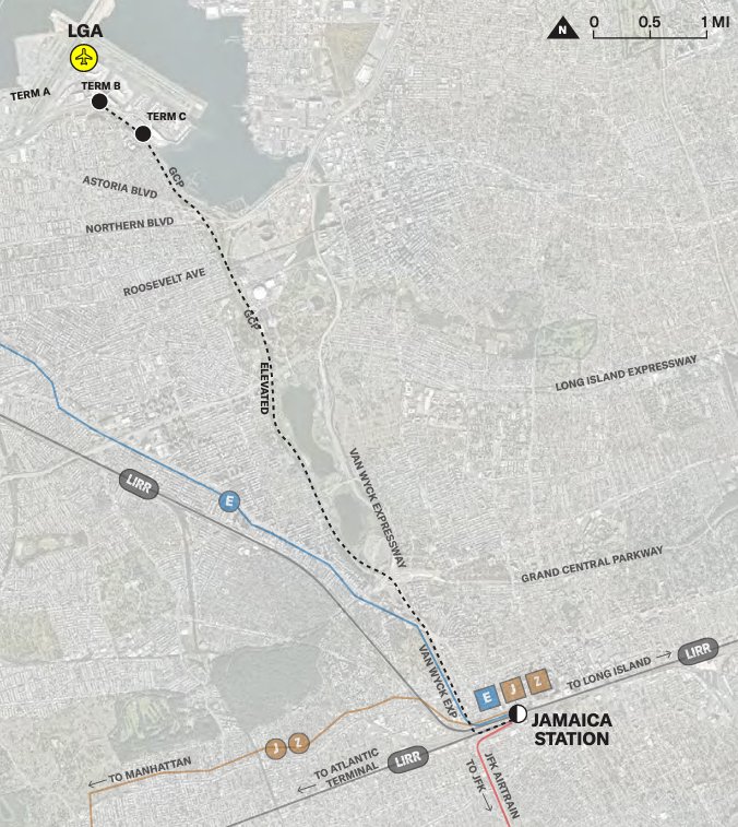 Map showing connection between LaGuardia and Kennedy airports in New York