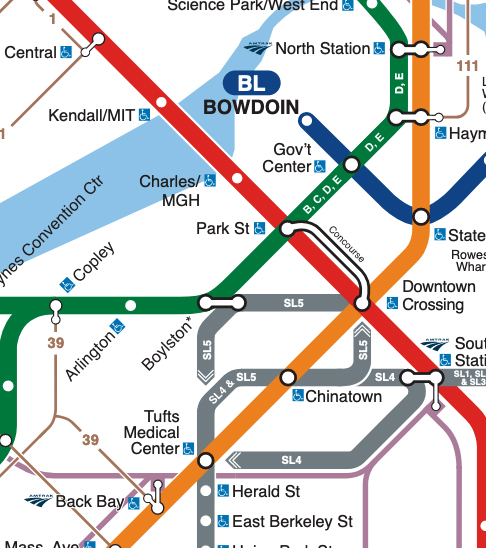Portion of map showing transit lines in central Boston