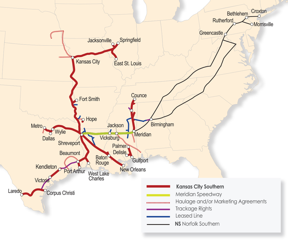 Map of eastern U.S. highlighting route between Meridian, Miss., and Shreveport, La.