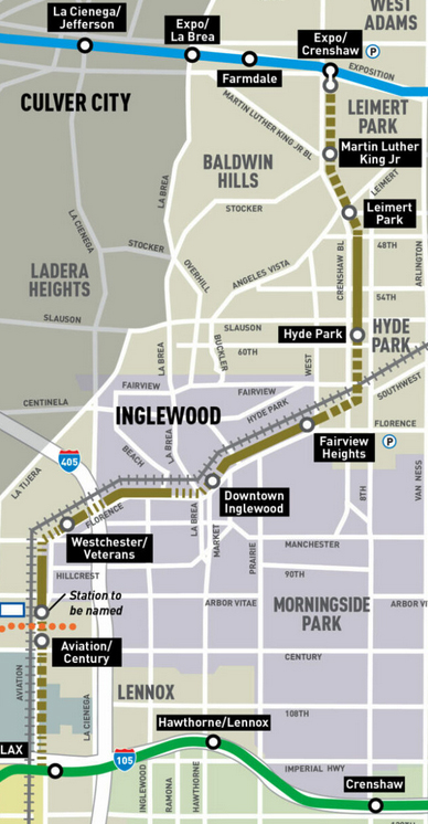 Map showing new light rail line in Los Angeles