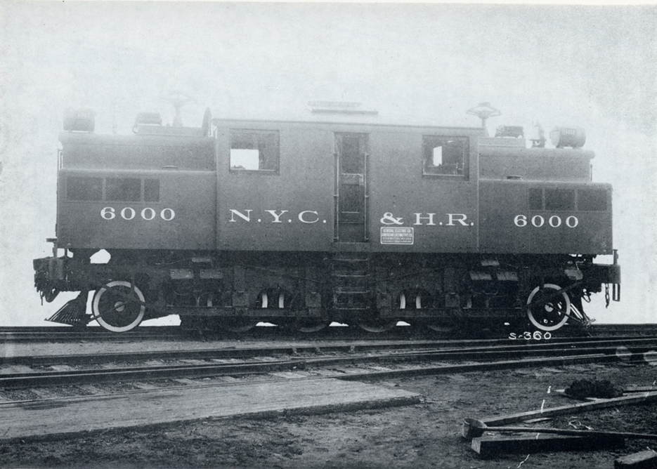 Black-and-white photo of electric locomotive