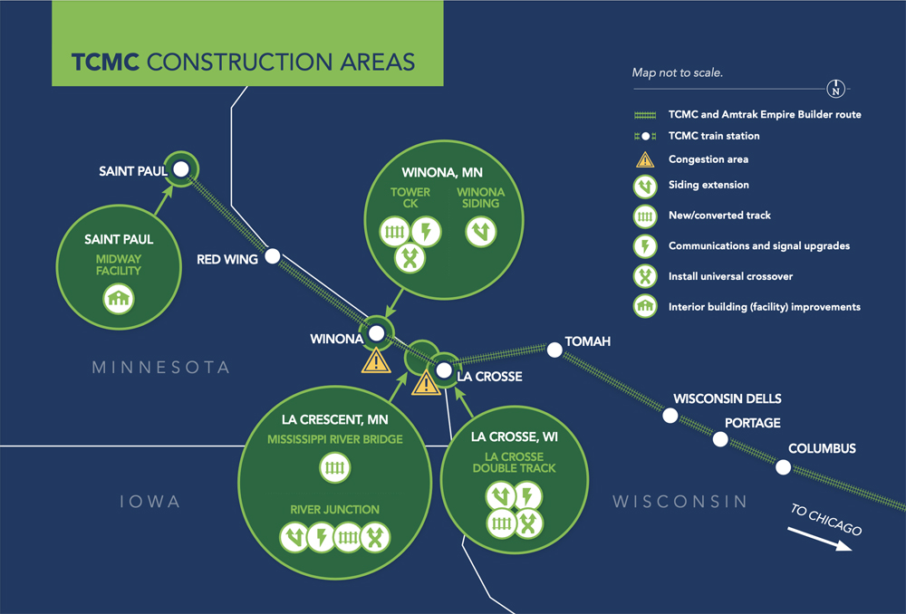Illustration showing locations of construction projects on Amtrak route between Twin Cities and La Crosse, Wis.