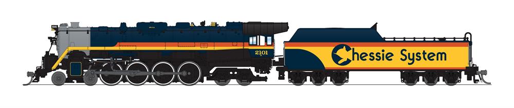 Illustration of N scale steam locomotive painted blue, vermillion, and yellow with silver smokebox.