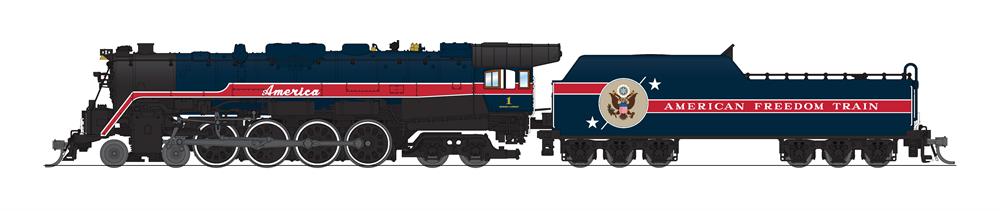 Illustration of N scale steam locomotive painted dark blue and black with red and white graphics.