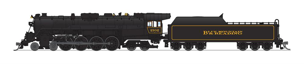 Illustration of N scale steam locomotive painted black with gold trim, numbers, and letters.