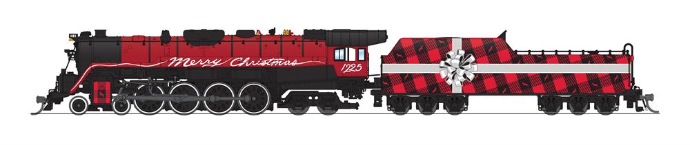 Illustration of N scale steam locomotive painted black with red and silver graphics.