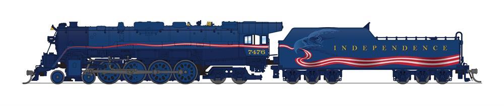 Illustration of N scale steam locomotive painted red, white, and blue with gold letters and numbers.