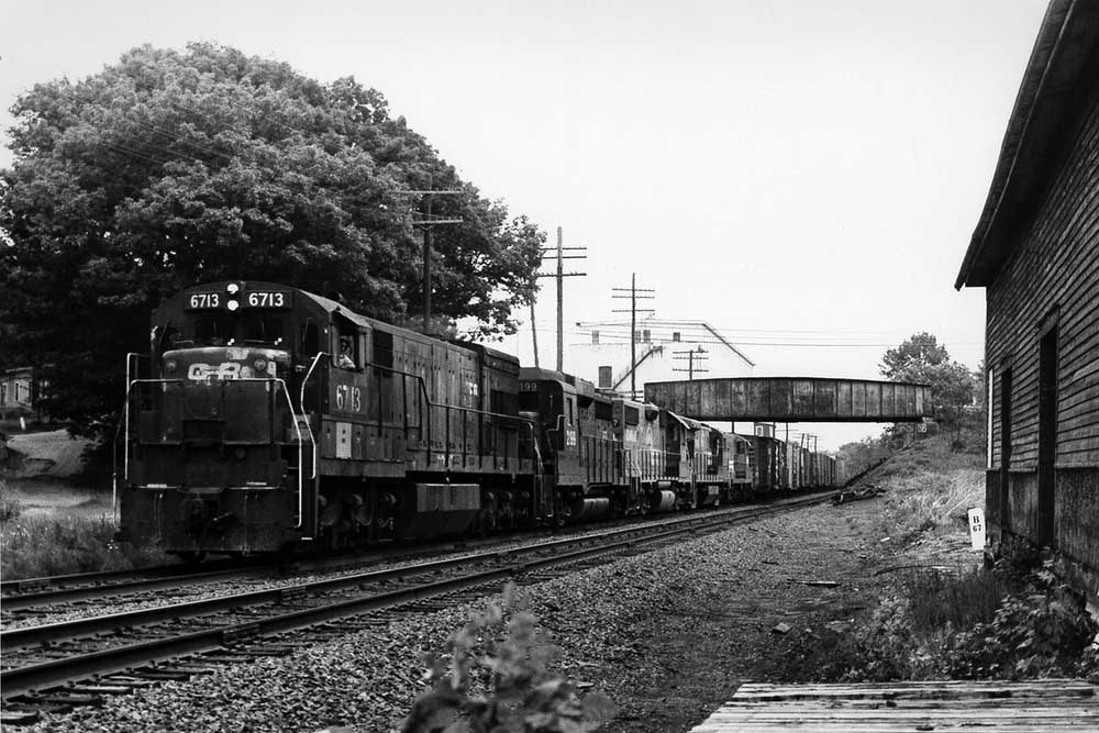 Diesel locomotives with various paint schemes pass under bridge