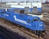 Clean blue Conrail locomotives seen from above