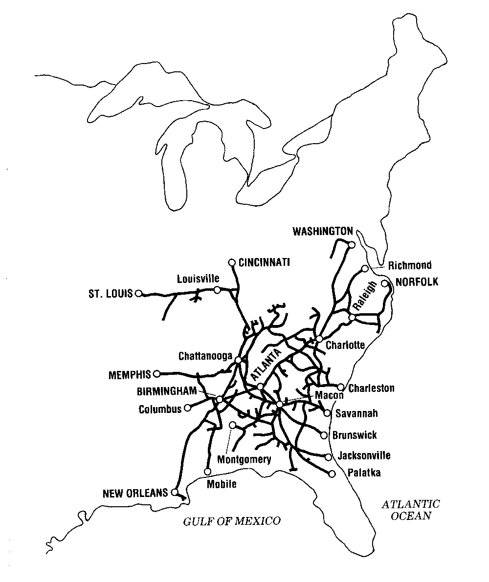 Basic black and white map of the Southern Railway network.