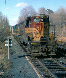 Locomotive at the head of a freight train.